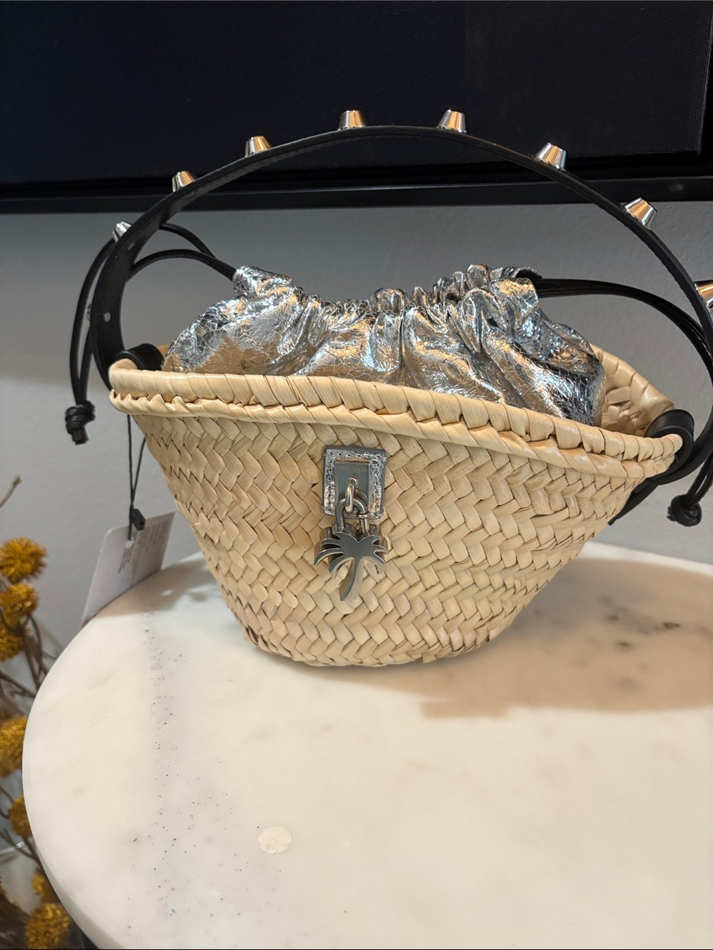Palm Angels mini Woven Straw Bucket Bag with Silver Drawstring Liner